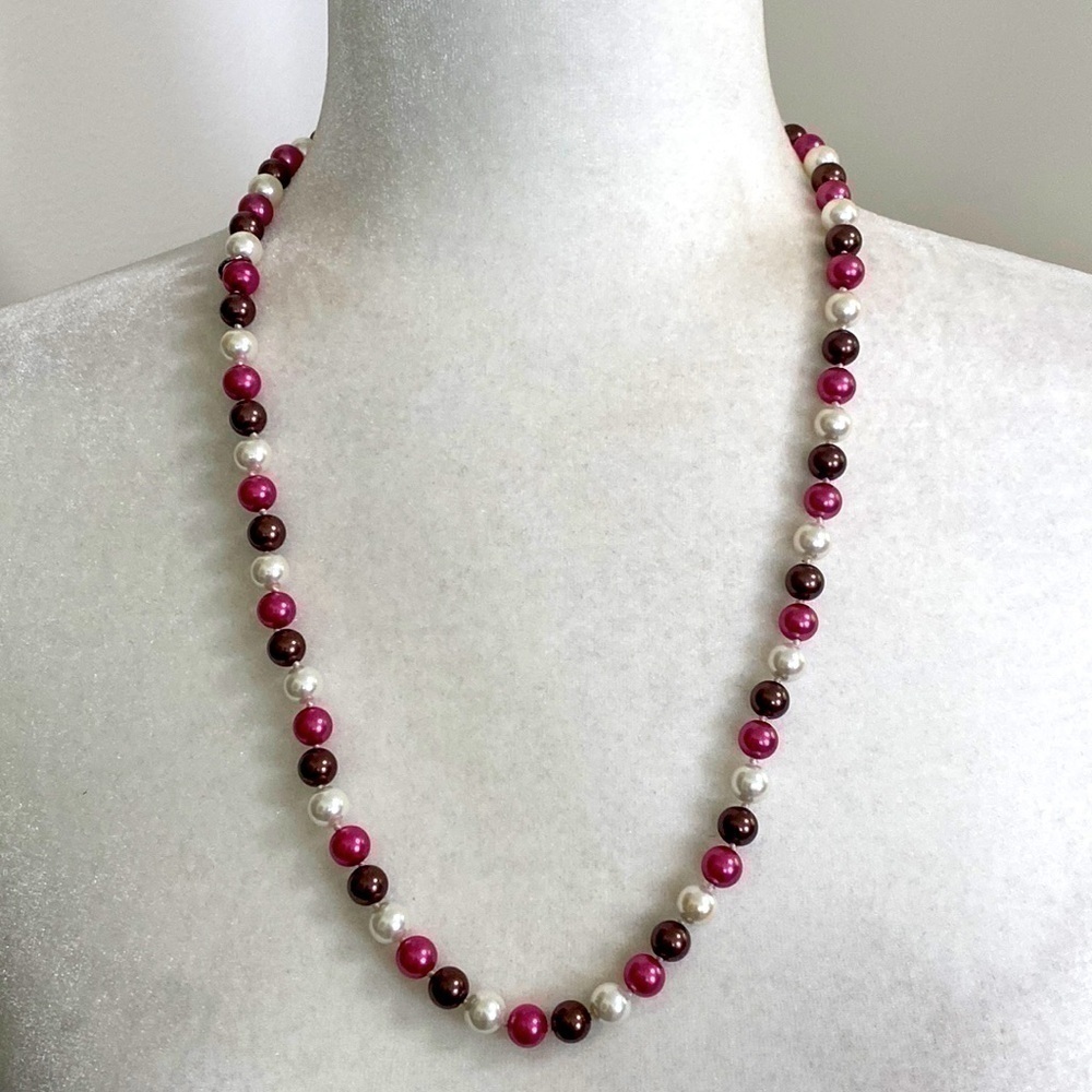 Genuine Freshwater Pearls Strand Necklace /Multicolor Pink Burgundy White